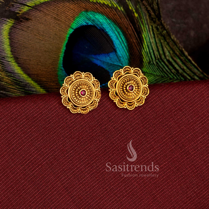 Radiant floral AD stone matte gold plated stud earrings with elegant round flower design - Sasitrends