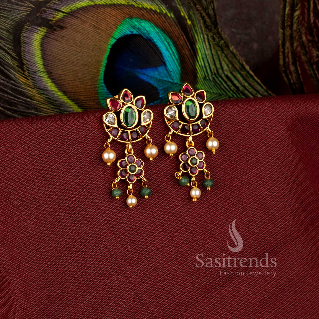 Beautiful half moon crescent flower matte gold plated drop earrings with ad stones - Sasitrends