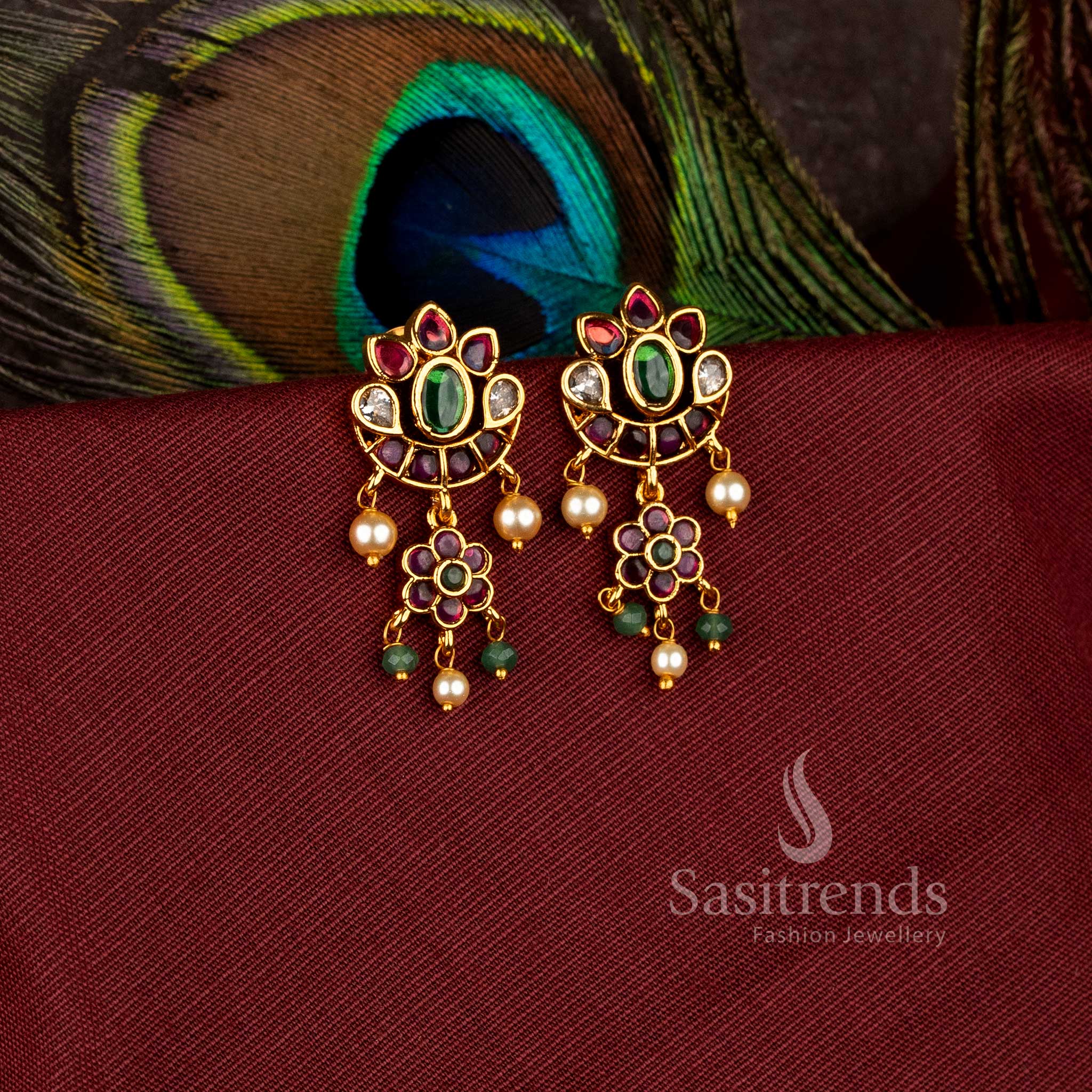 Beautiful half moon crescent flower matte gold plated drop earrings with ad stones - Sasitrends