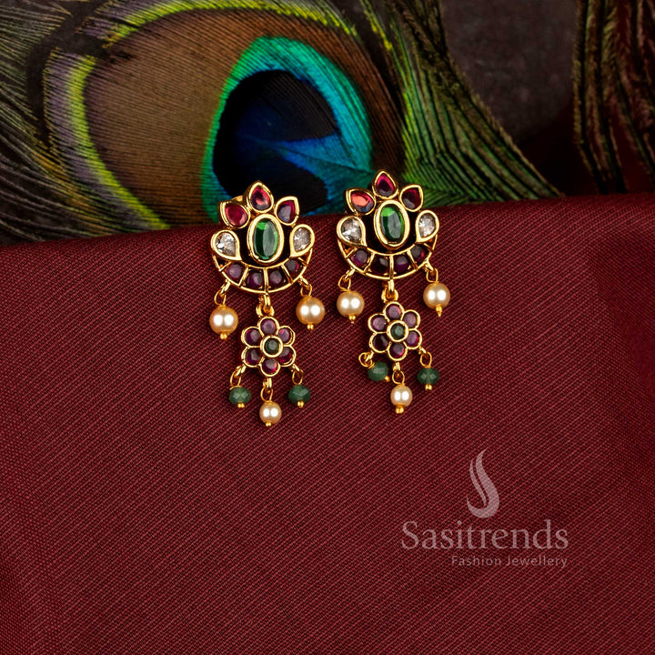 Beautiful Half Moon Crescent Flower AD Stone Matte Gold Plated Drop Earrings for Festive Wear - Sasitrends