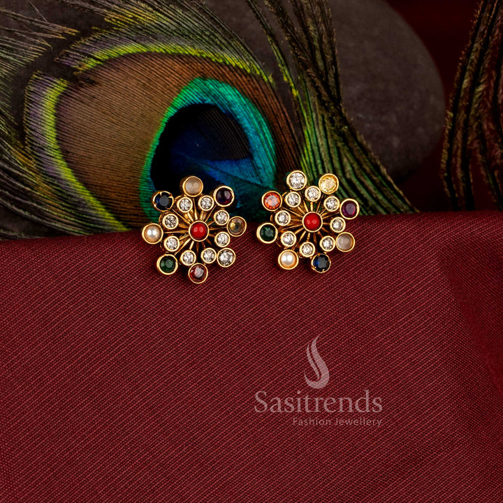 Exquisite Sunburst Wheel Matte Gold Plated AD Stud Earrings for Temple Wear - Sasitrends