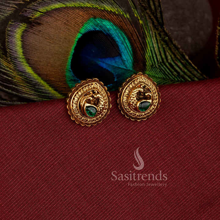 Elegant Peacock Paisley Matte Gold Plated AD Accents Stud Earrings for Temple Wear - Sasitrends