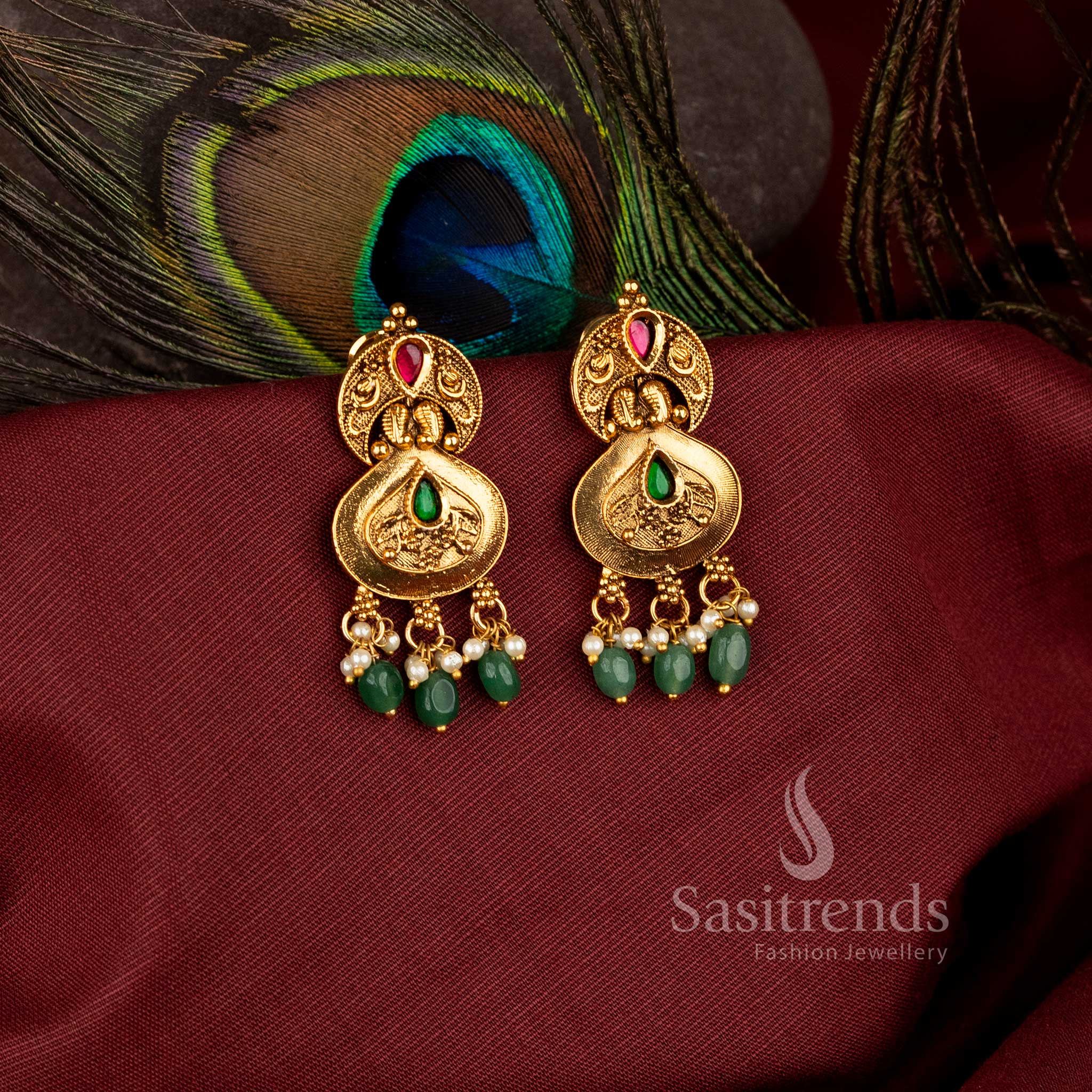 Elegant heritage crescent temple jewellery earrings with rich gold-like appearance - Sasitrends