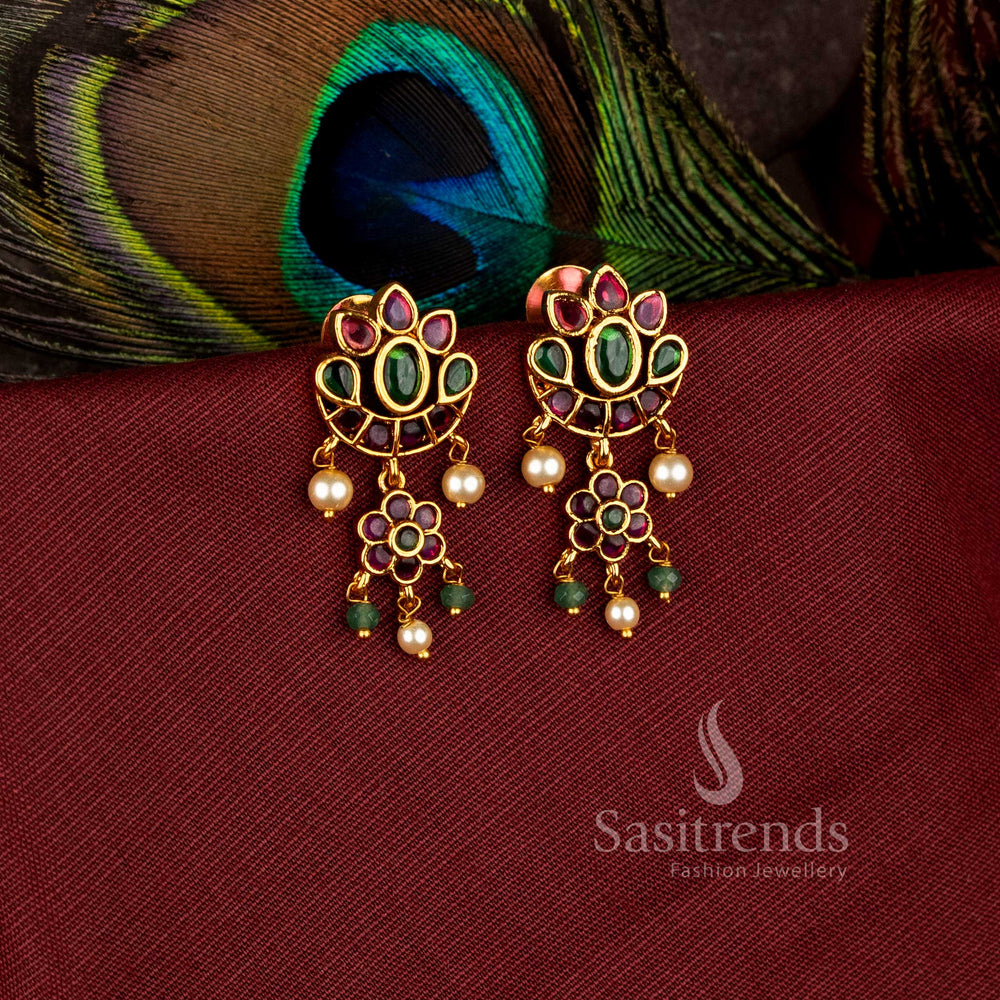 Beautiful half moon crescent flower matte gold plated drop earrings with ad stones - Sasitrends