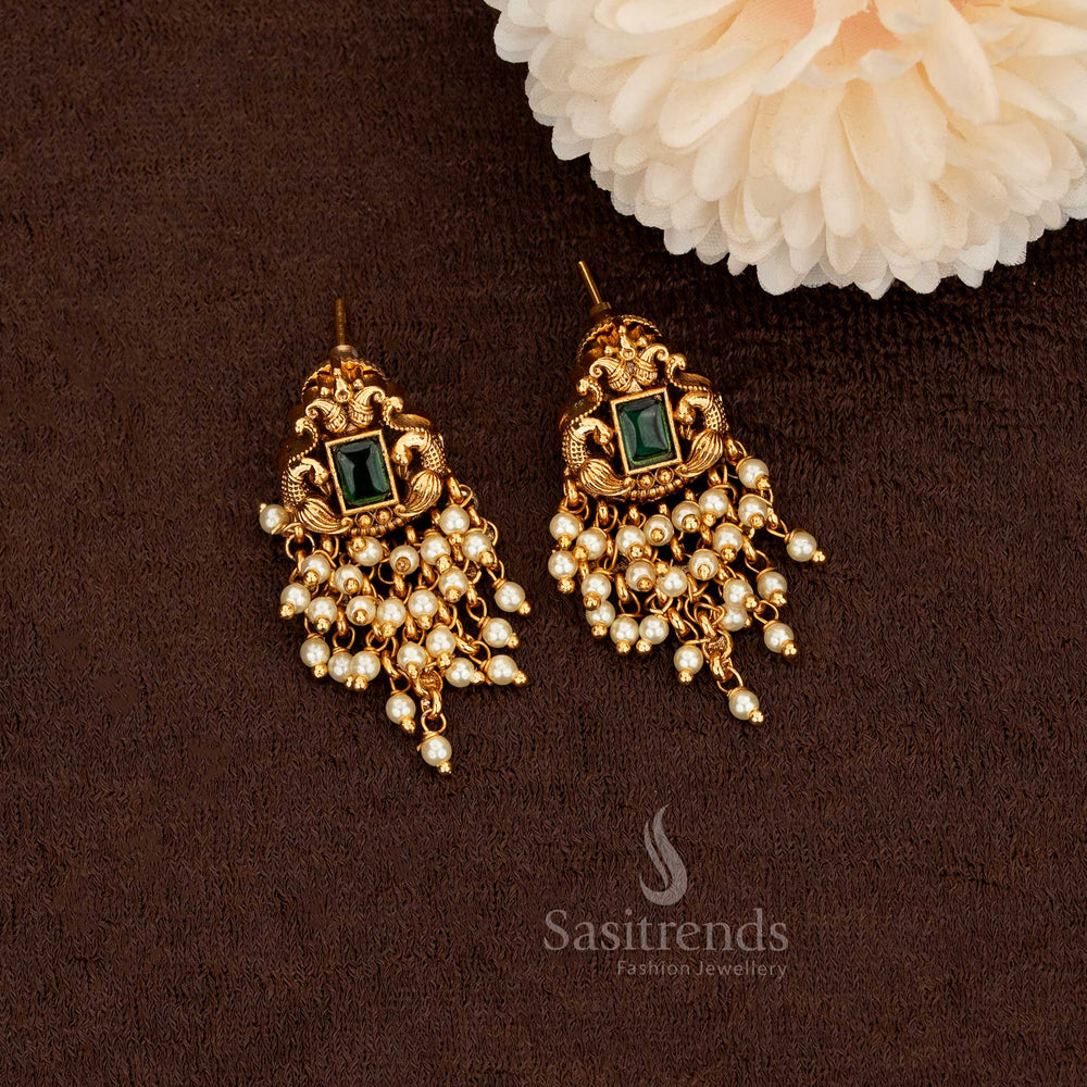 Premium temple peacock earrings with hanging pearls and beads 