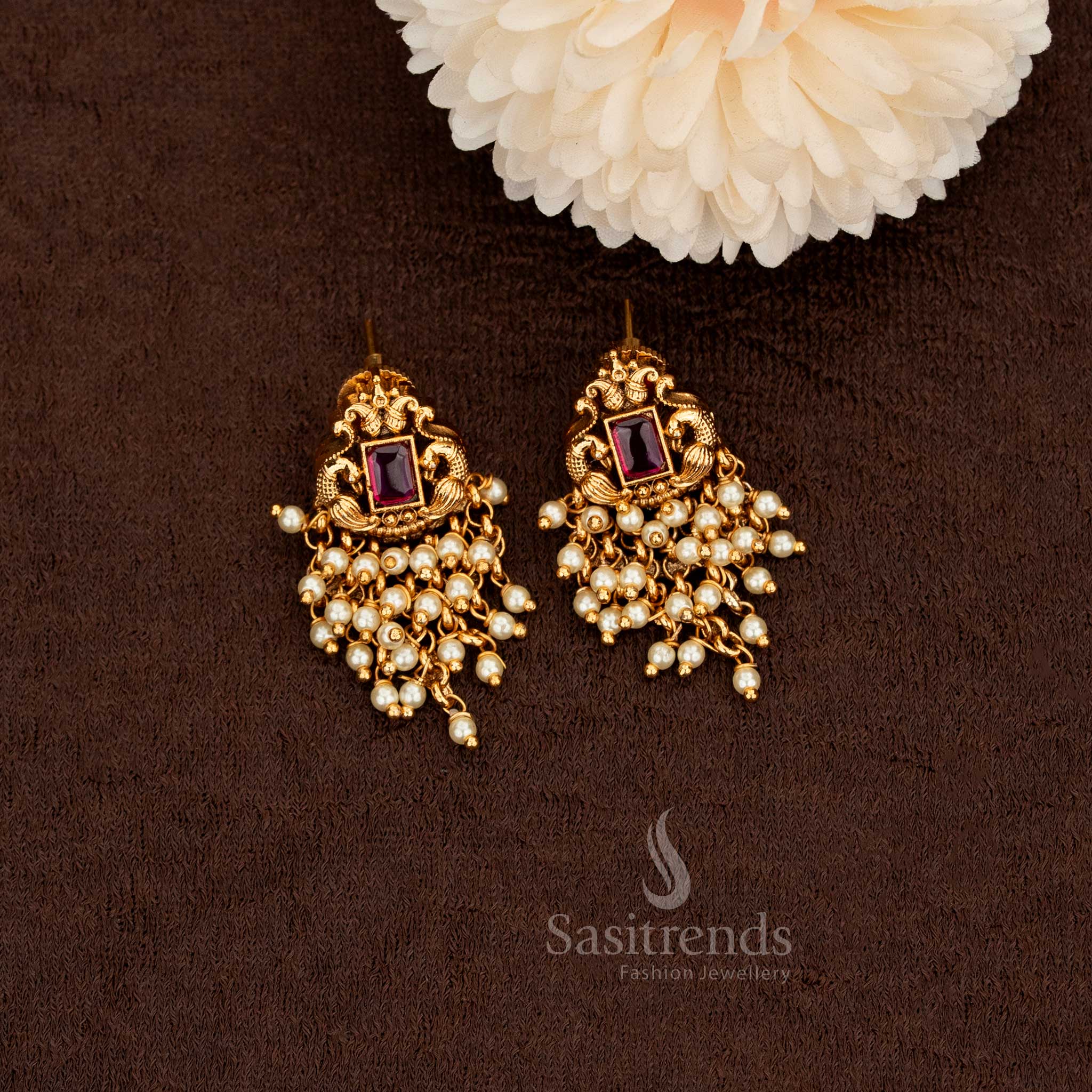 Premium temple peacock earrings with hanging pearls and beads 