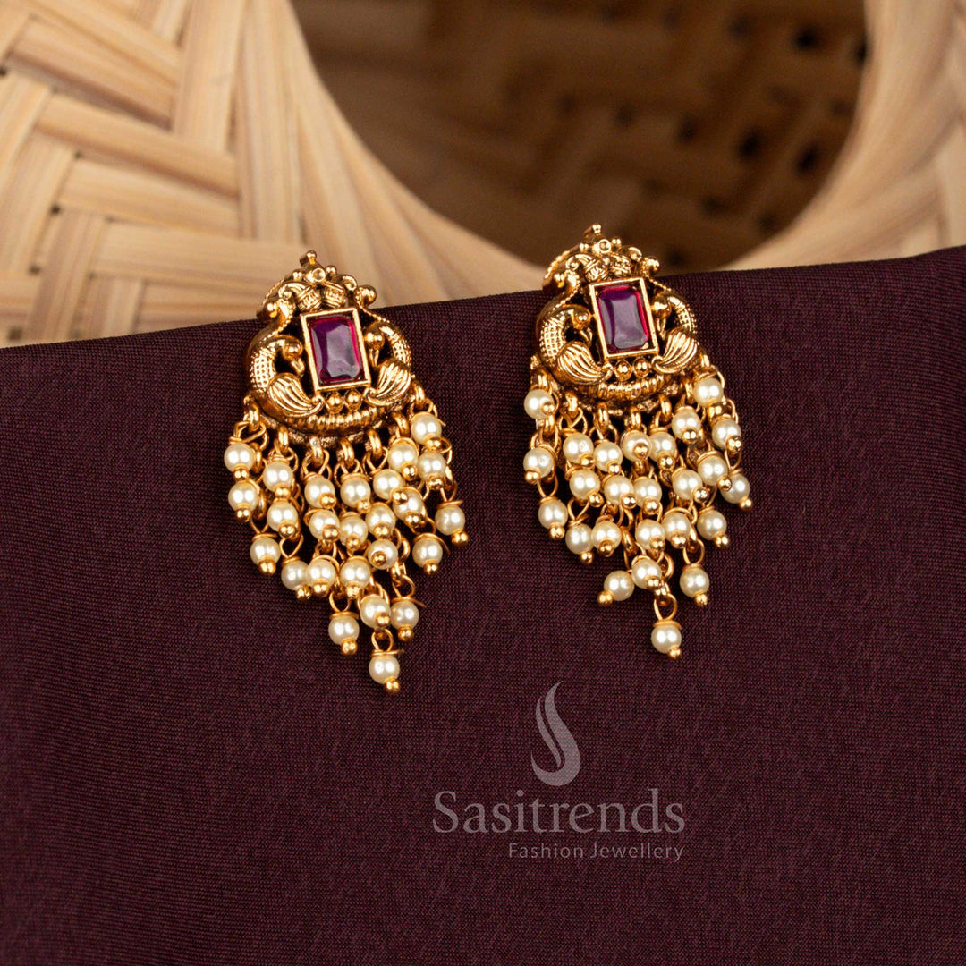 Premium temple peacock earrings with hanging pearls and beads 