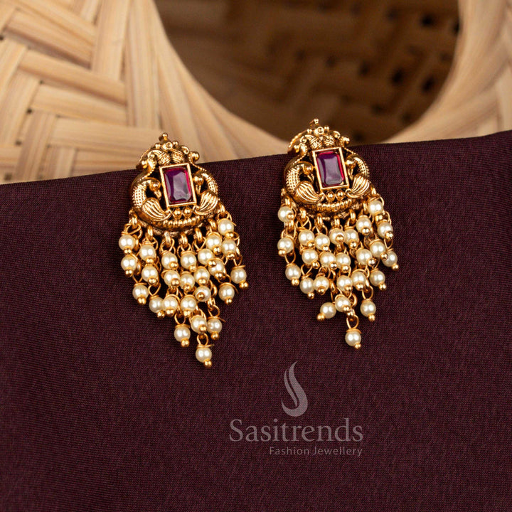 Premium Temple Peacock Motif Earrings with Hanging Pearls & Beads – Sasitrends