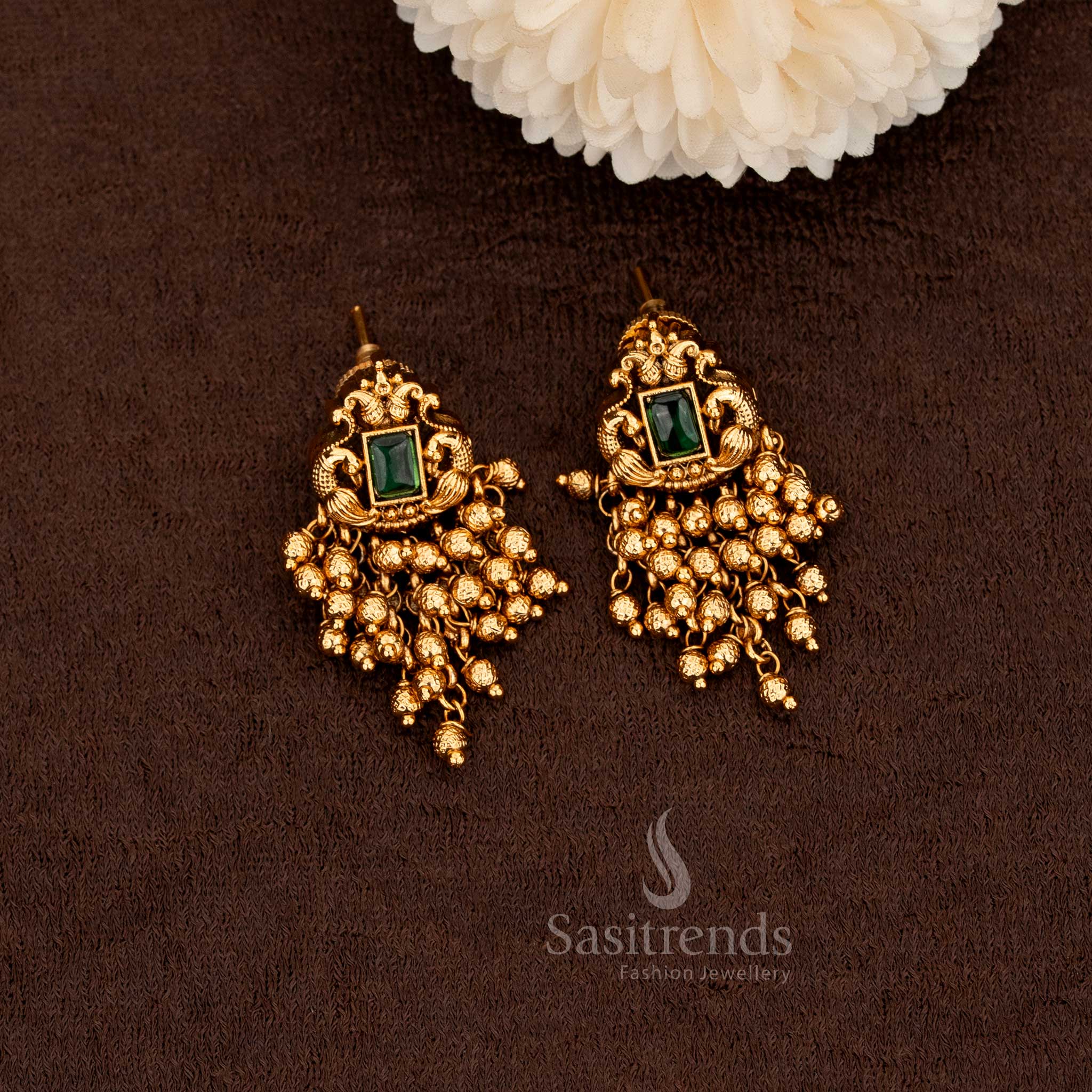 Sasitrends matte gold temple jewellery earrings with dual hangings 