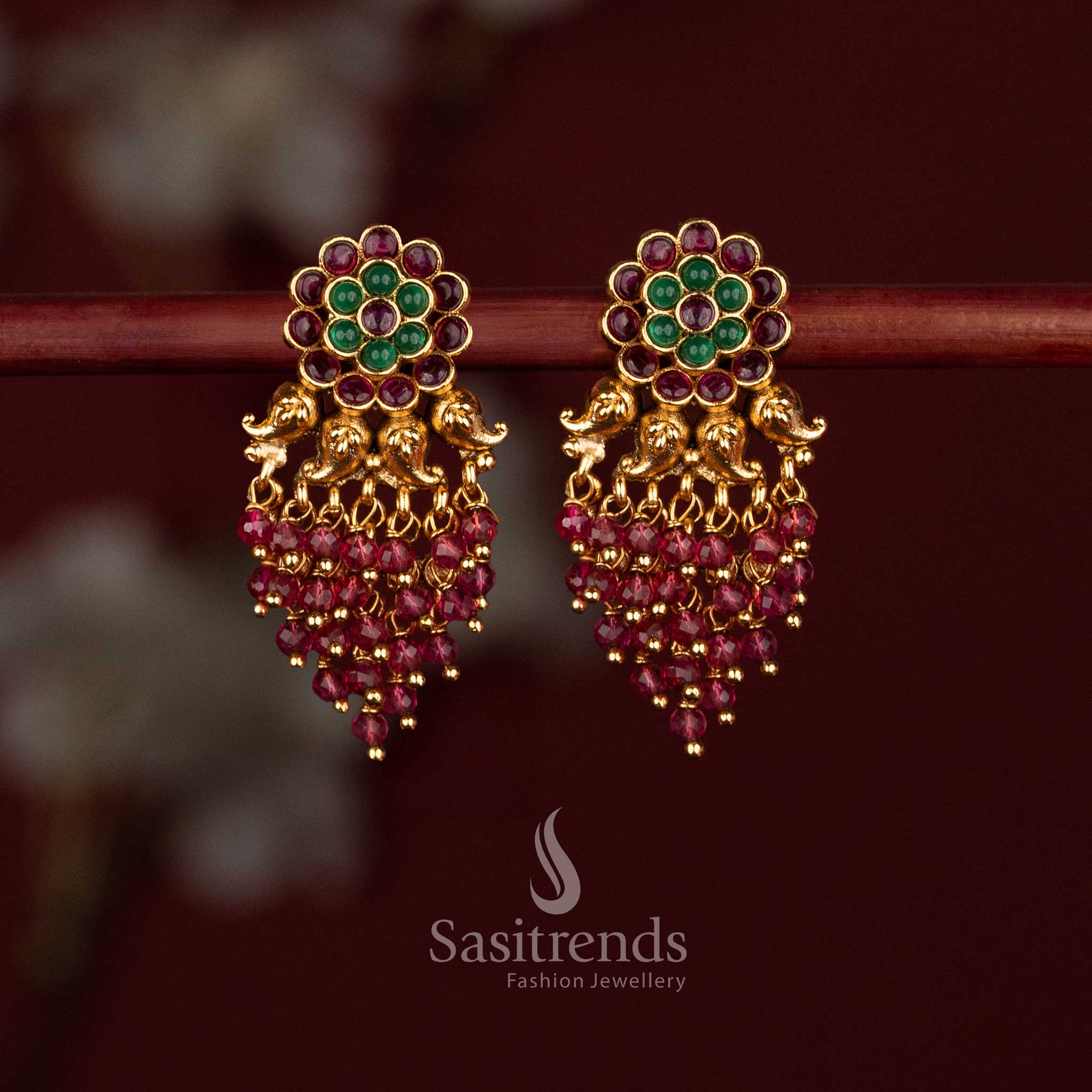 Attractive temple wear Premium matte gold plated ruby green stone temple floral earrings with hanging pearls – Sasitrends