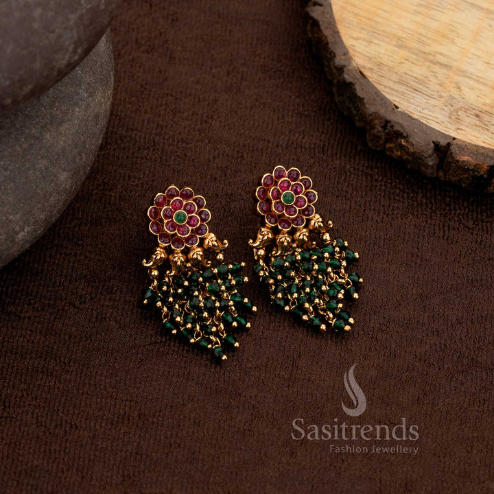Premium matte gold plated temple floral earrings with beads and pearls – Sasitrends