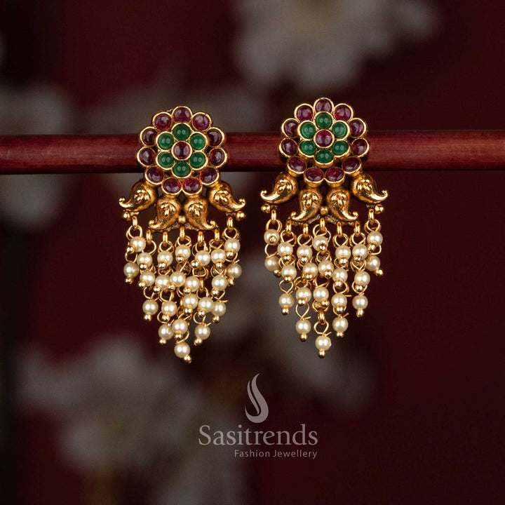 stunning temple wear Premium matte gold plated ruby green stone temple floral earrings with hanging pearls – Sasitrends