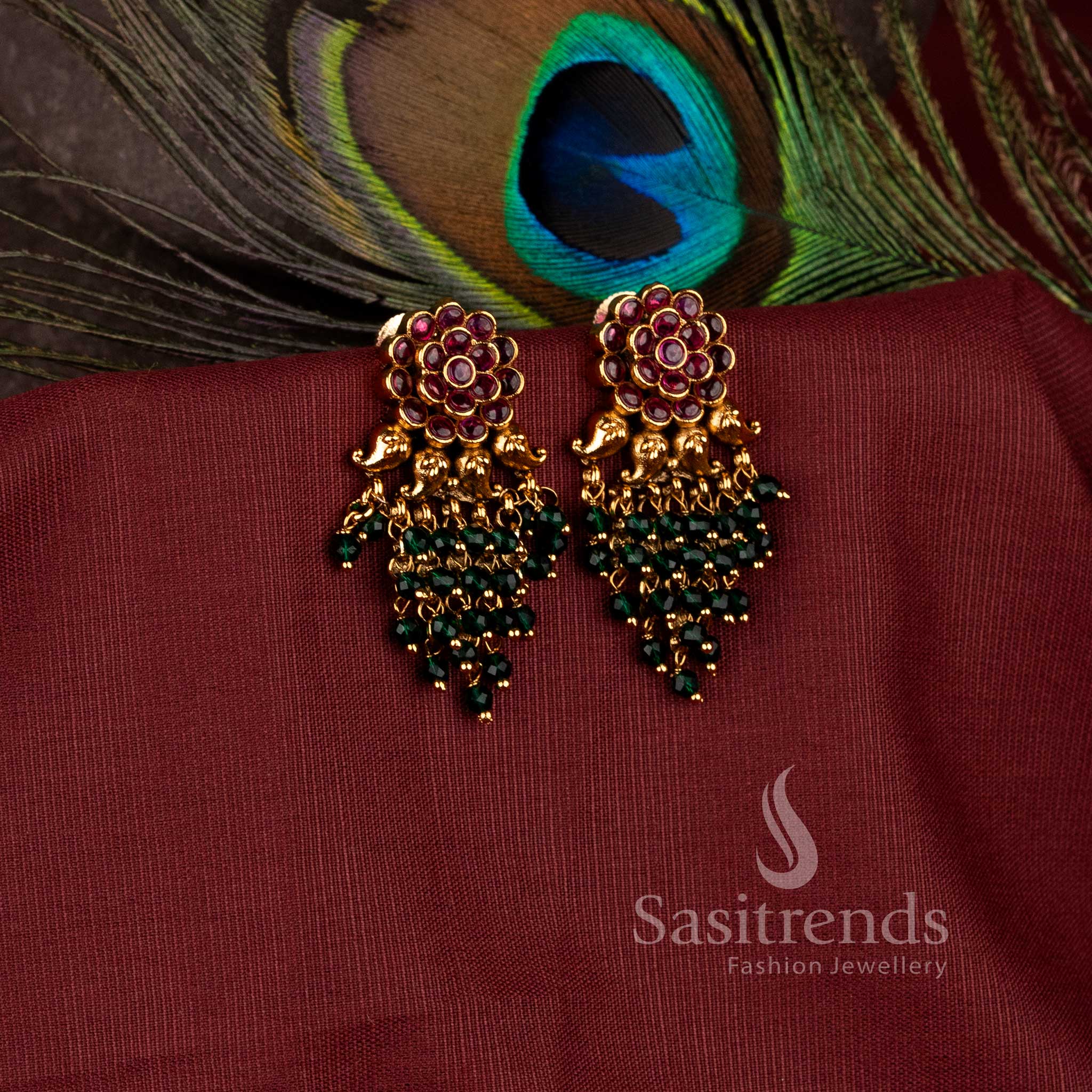 Stunning temple wear Premium matte gold plated ruby green stone temple floral earrings with hanging pearls – Sasitrends
