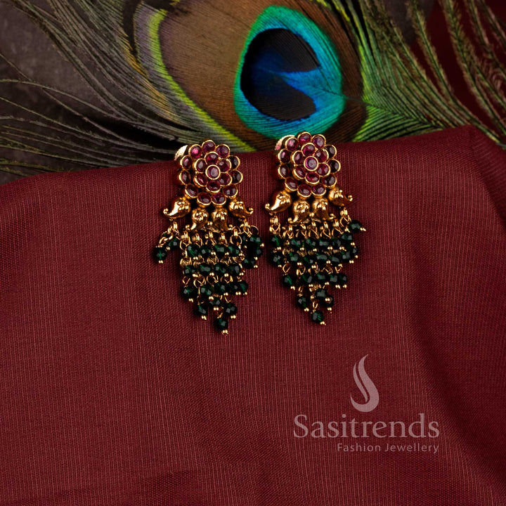 Stunning temple wear Premium matte gold plated ruby green stone temple floral earrings with hanging pearls – Sasitrends