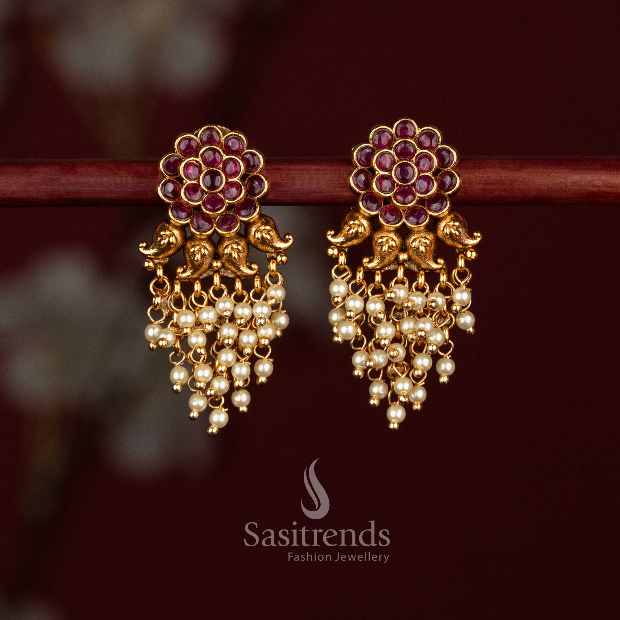 Traditional Premium matte gold plated ruby stone temple floral earrings with hanging pearls – Sasitrends