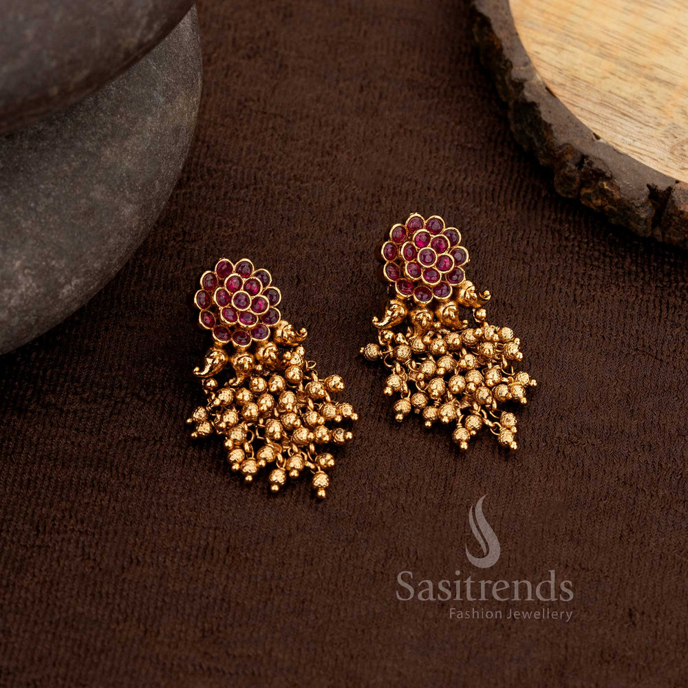 Premium matte gold plated temple floral earrings with beads – Sasitrends