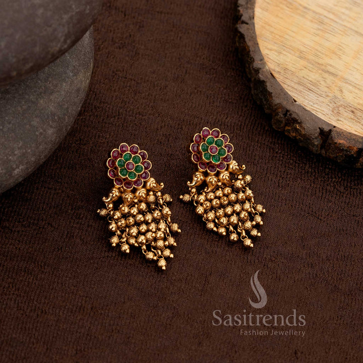 Premium matte gold plated temple floral earrings with beads– Sasitrends
