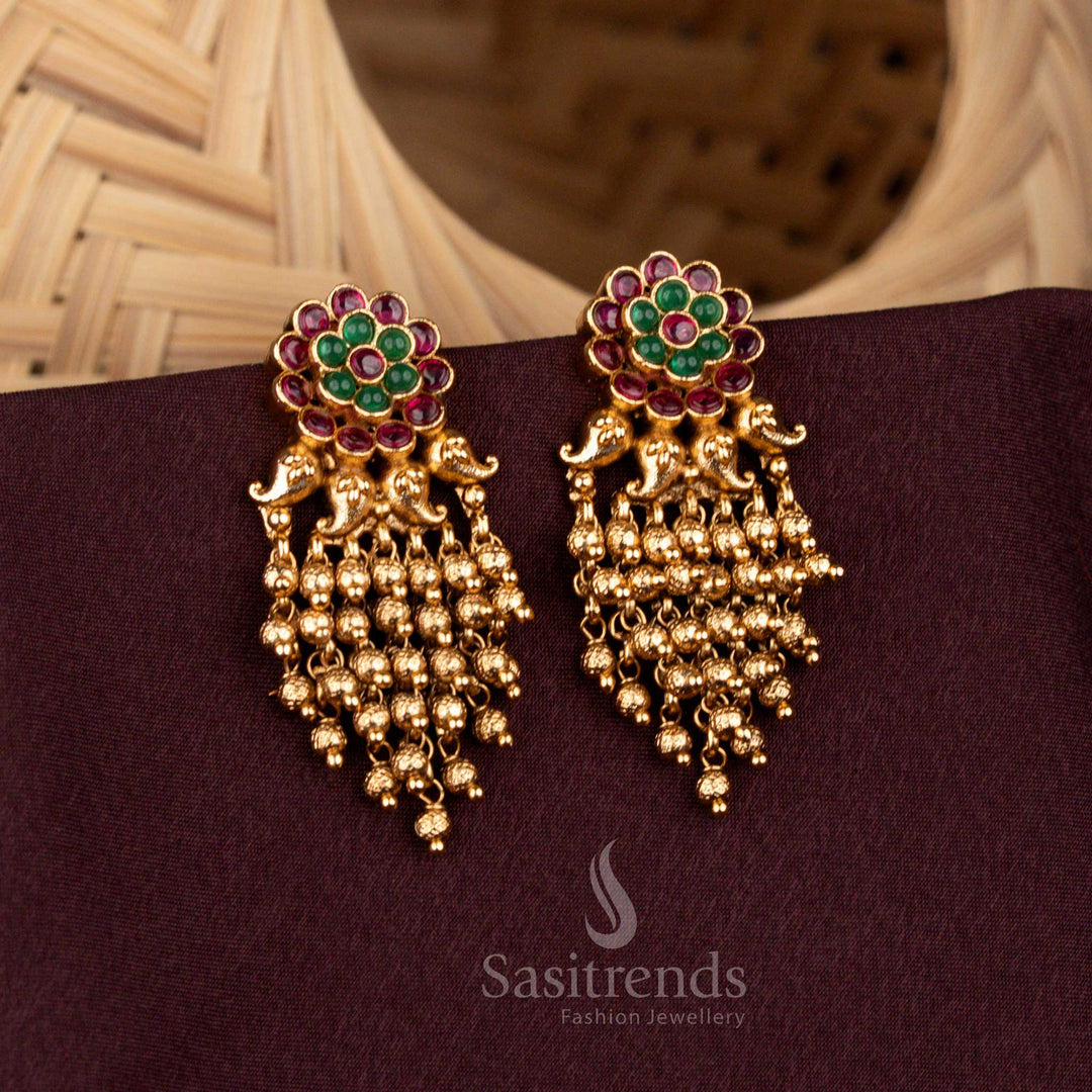 Premium matte gold plated temple floral earrings with beads– Sasitrends