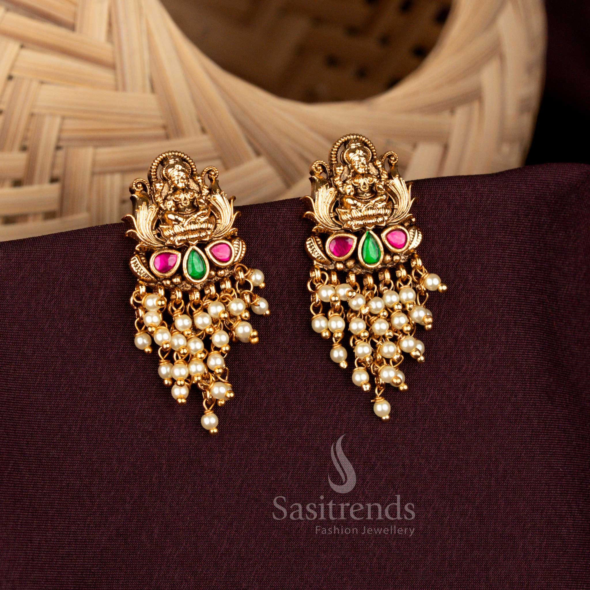 Traditional Matte Gold Lakshmi Temple Style Earrings with Ruby Stone Accents and Gold Beads – Sasitrends
