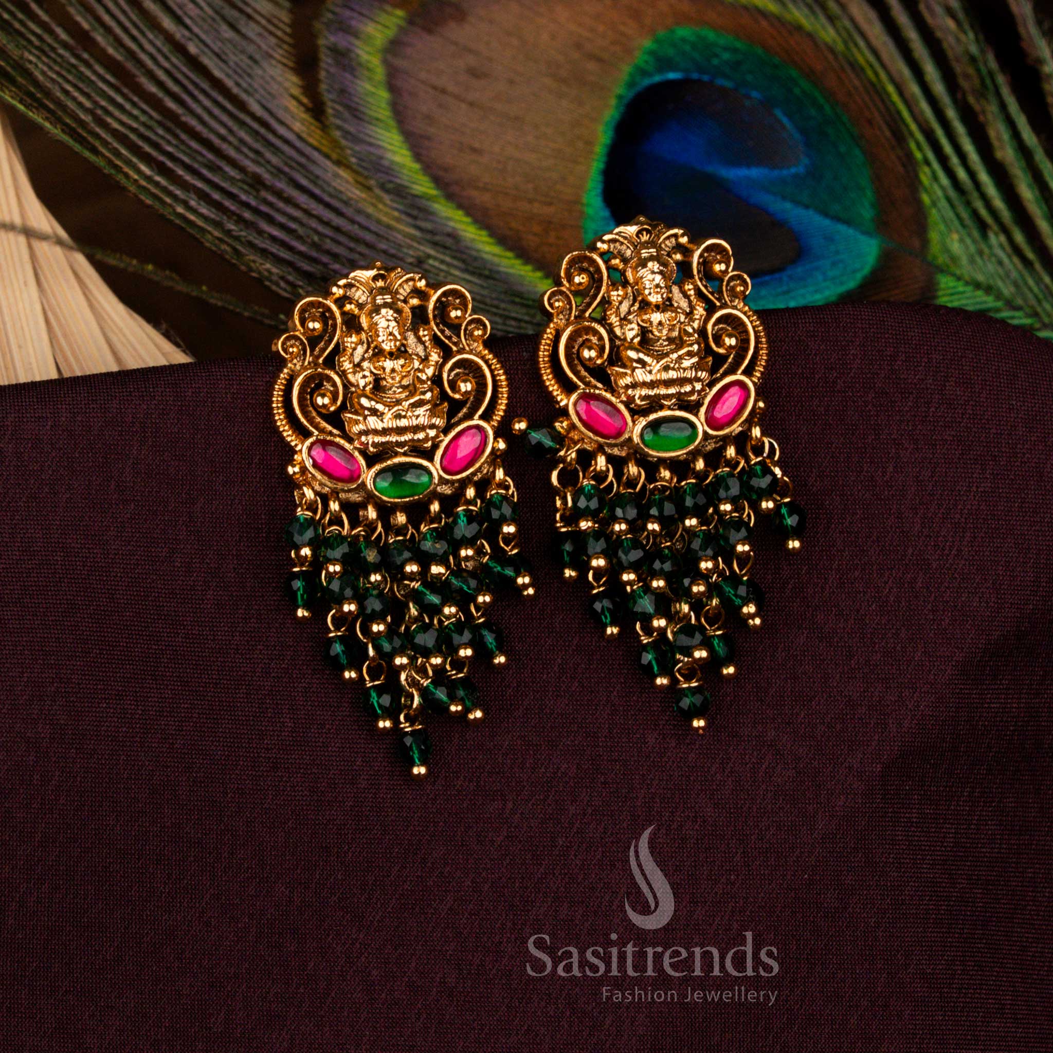 Divine temple earrings with ornate Lakshmi carving and cascading beads – Sasitrends