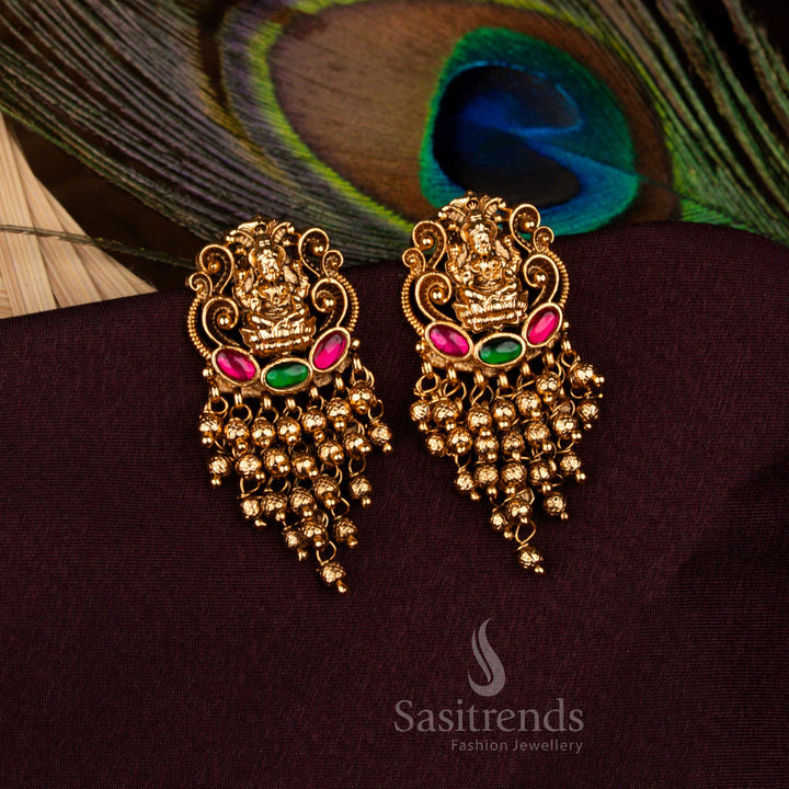 Premium Matte Gold Plated Temple Goddess Lakshmi Earrings with Pearls and Golden Beads