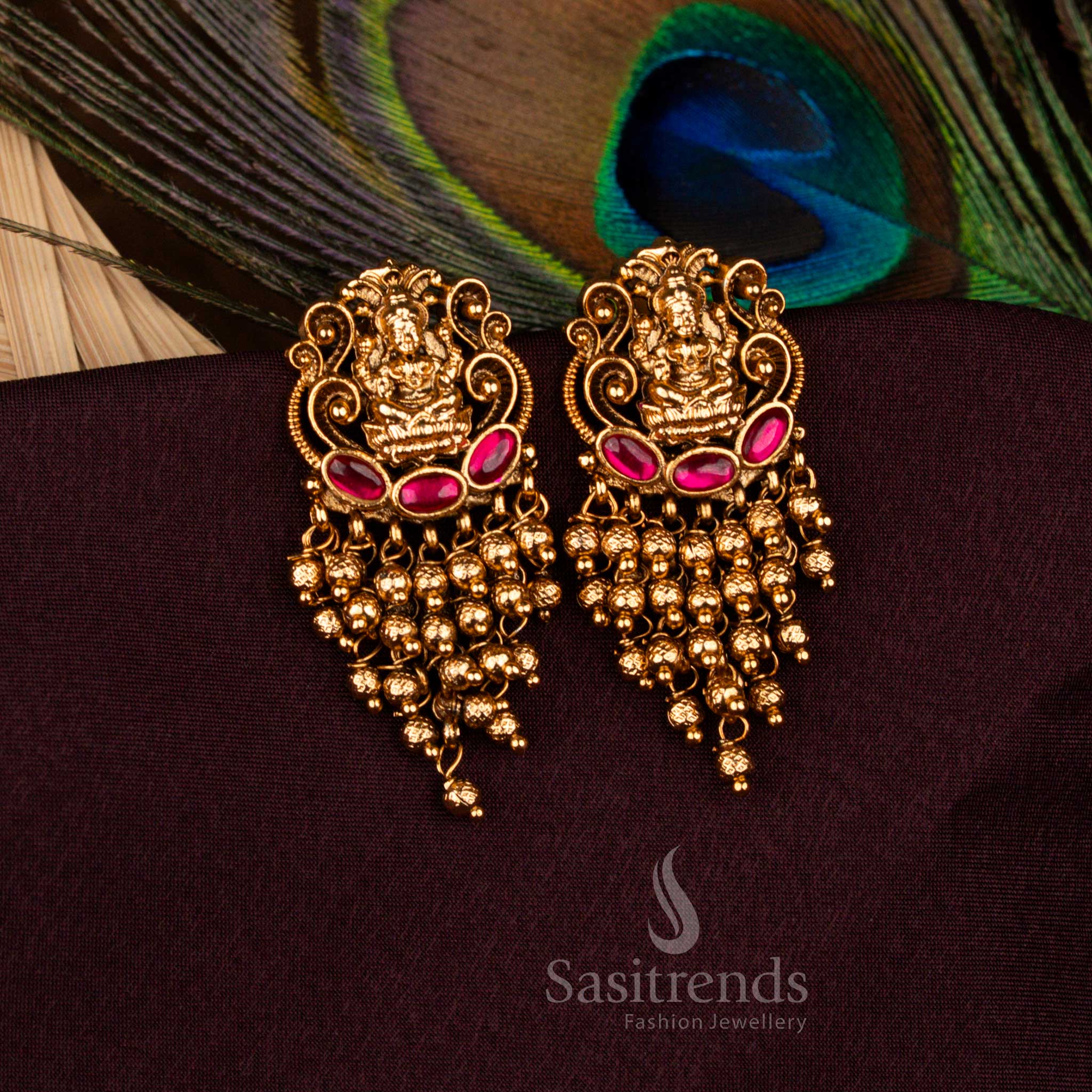 Lakshmi temple earrings with matte gold finish and beaded cascades – Sasitrends