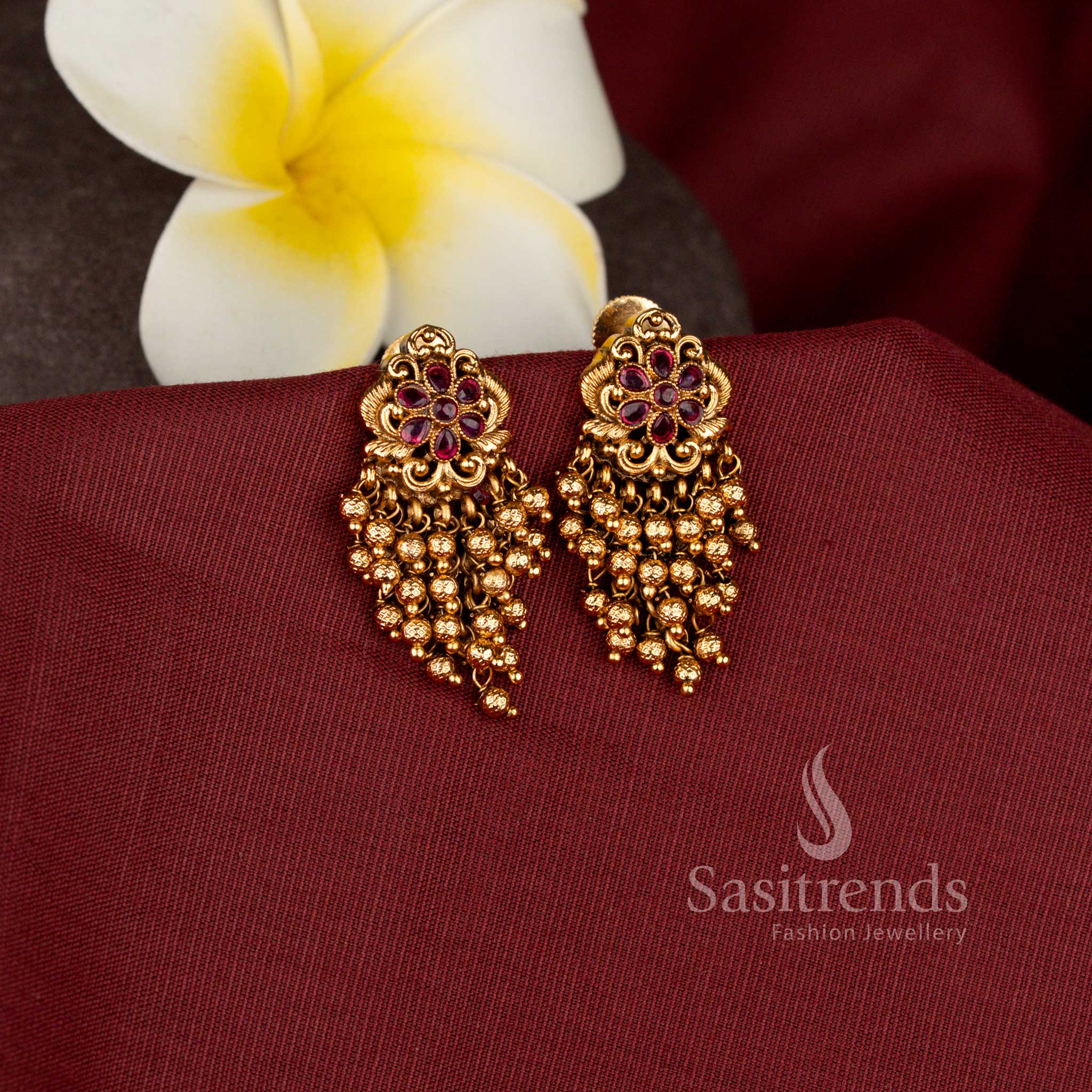 Temple Matte Gold Plated Floral Earrings with gold beads Tassels - Sasitrends 