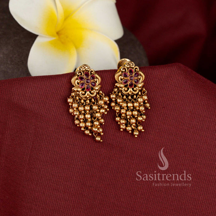 Temple Matte Gold Plated Floral Earrings with gold beads Tassels - Sasitrends 