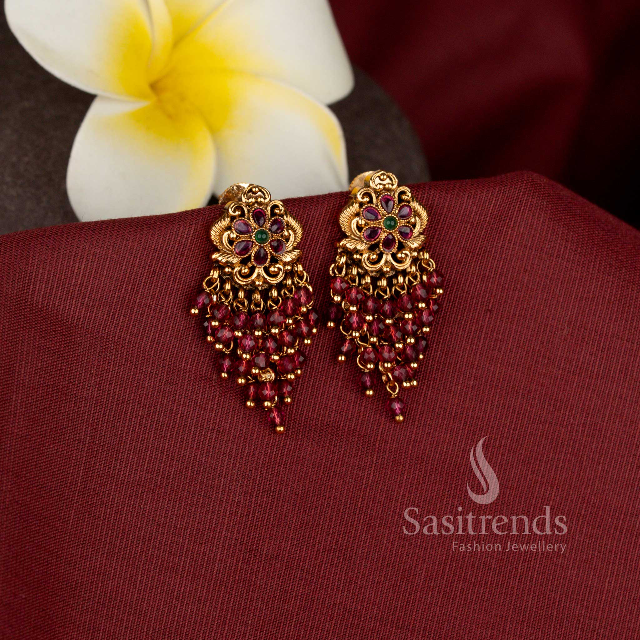 Traditional Floral Red Tassel Earrings for Festive Wear - Sasitrends