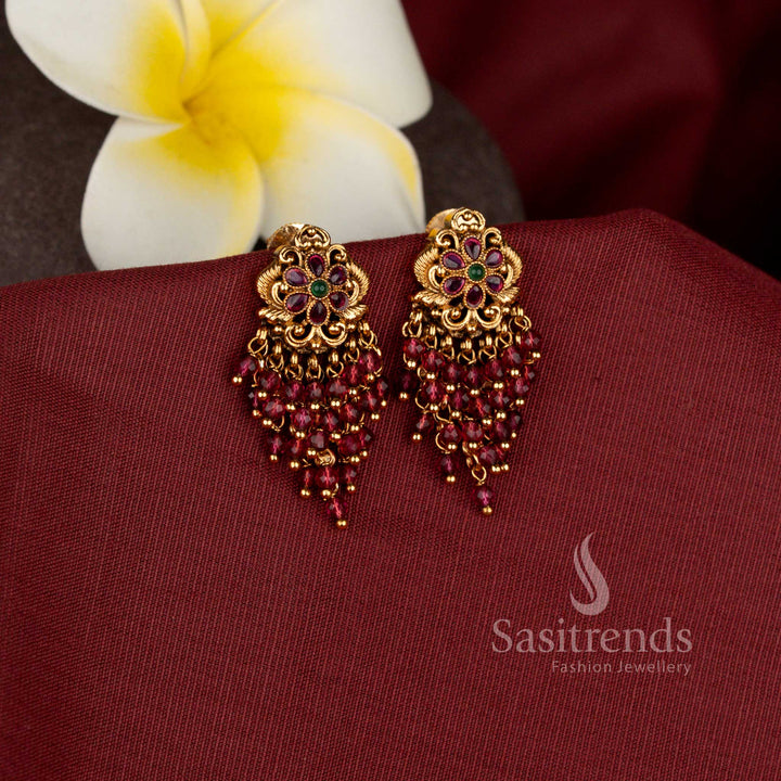 Traditional Floral Red Tassel Earrings for Festive Wear - Sasitrends