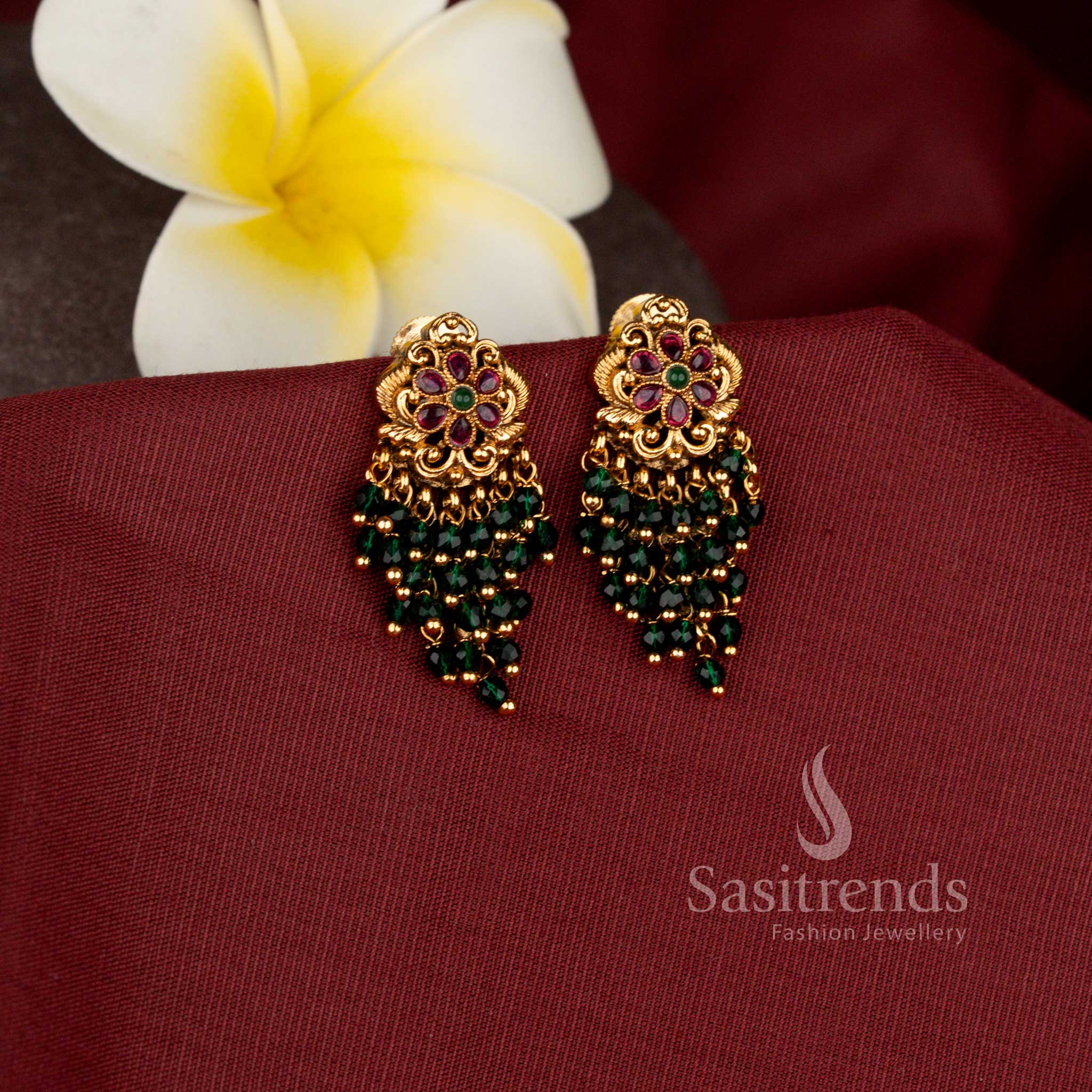 Elegant Floral Green Pearl Drop Earrings for Weddings and Festivals - Sasitrends