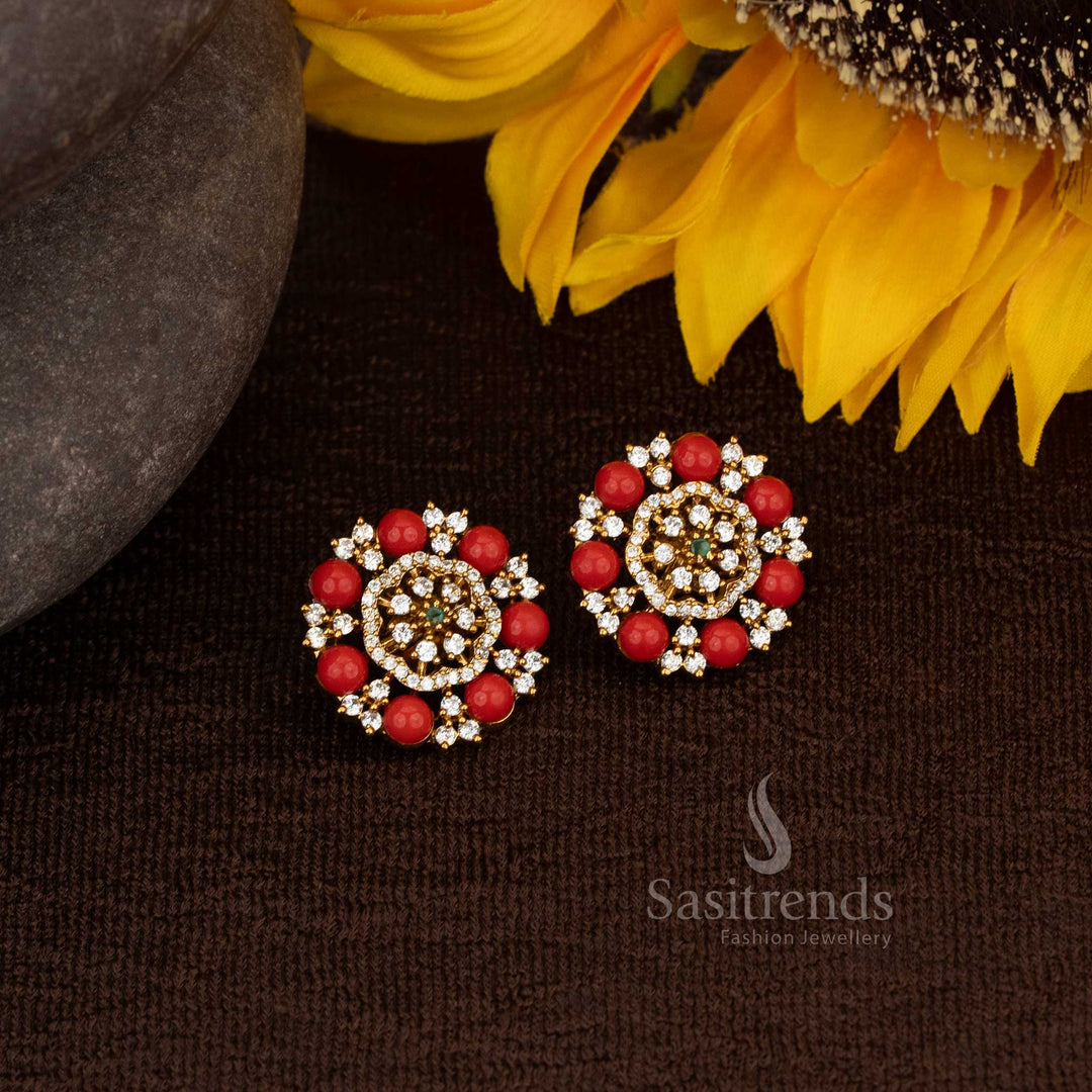 Premium Temple Matte Gold Plated Floral Round Stud Earrings