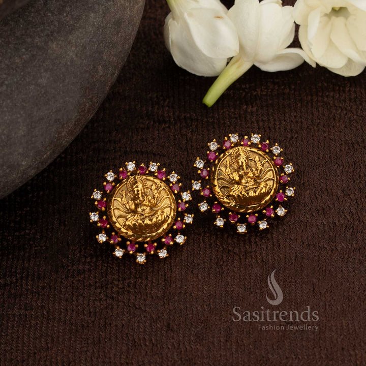 Majestic Lord Ganapathy Matte Gold Plated Round Stud Earrings with Stone Halo – Sasitrends