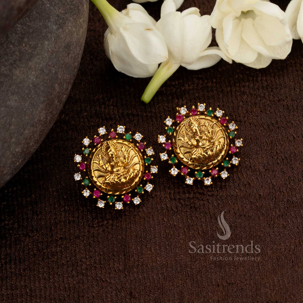 Regal Lord Ganapathy matte gold multi round stud earrings featuring Goddess Lakshmi with radiant stone frame – Sasitrends