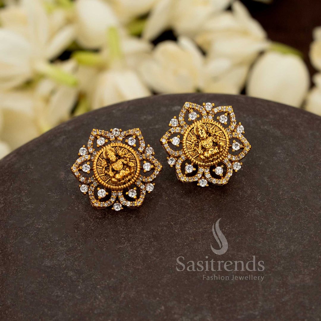 Opulent temple-inspired Lakshmi stud earrings with lotus openwork and radiant halo stones