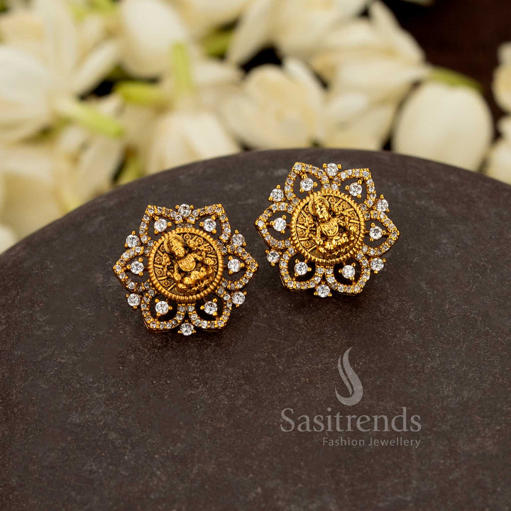 Opulent Matte Gold Lakshmi Lotus Temple Stud Earrings with AD Halo for Festivals