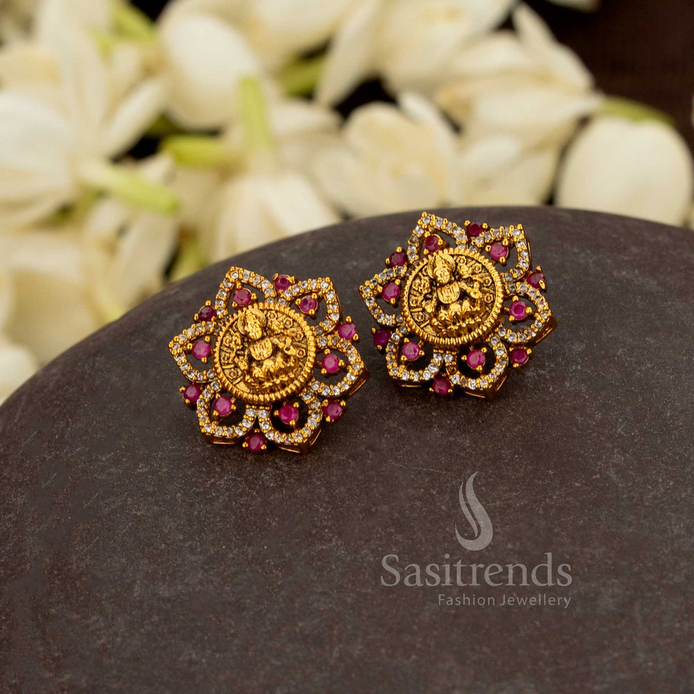 Regal Lakshmi embossed round earrings with diamond halo, ideal for wedding ceremonies