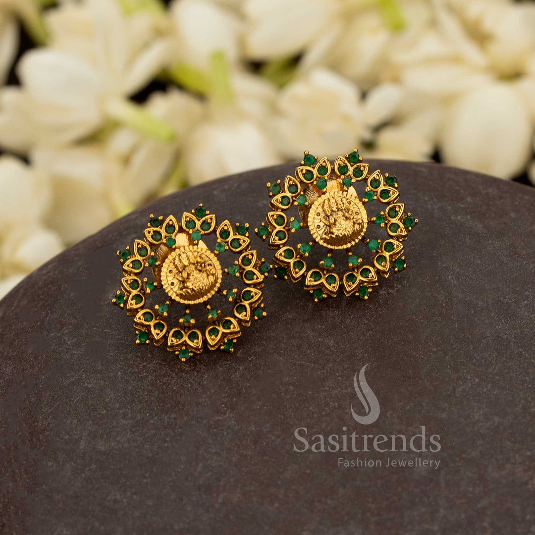 Luxury Lakshmi lotus temple stud earrings crafted in matte gold plated design – Sasitrends