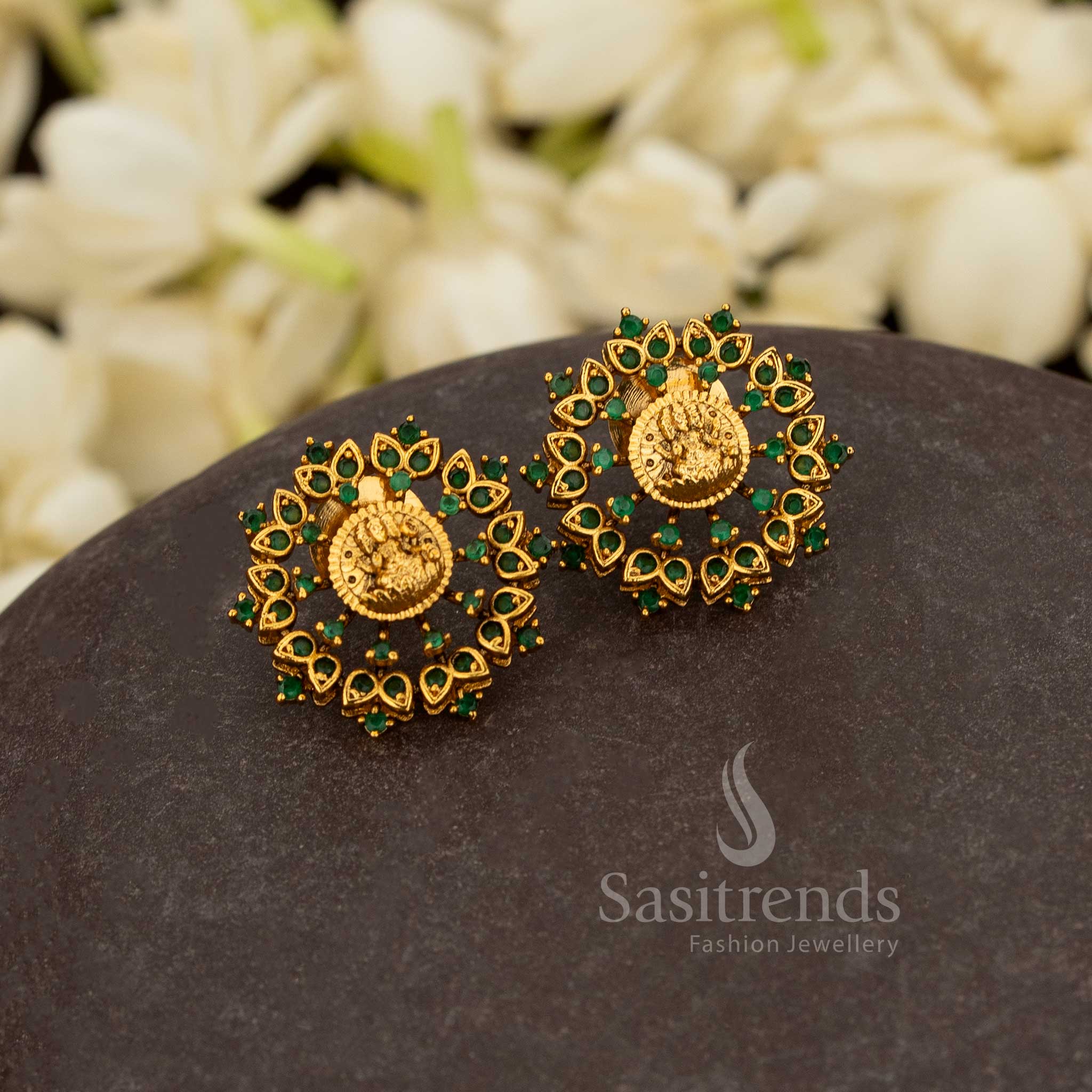 Luxury Lakshmi lotus temple stud earrings crafted in matte gold plated design – Sasitrends