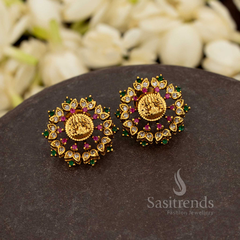 Temple jewellery Lakshmi round lotus earrings with stone accent and plated finish – Sasitrends