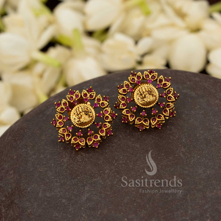 Temple jewellery Lakshmi round lotus earrings with stone accent and plated finish – Sasitrends