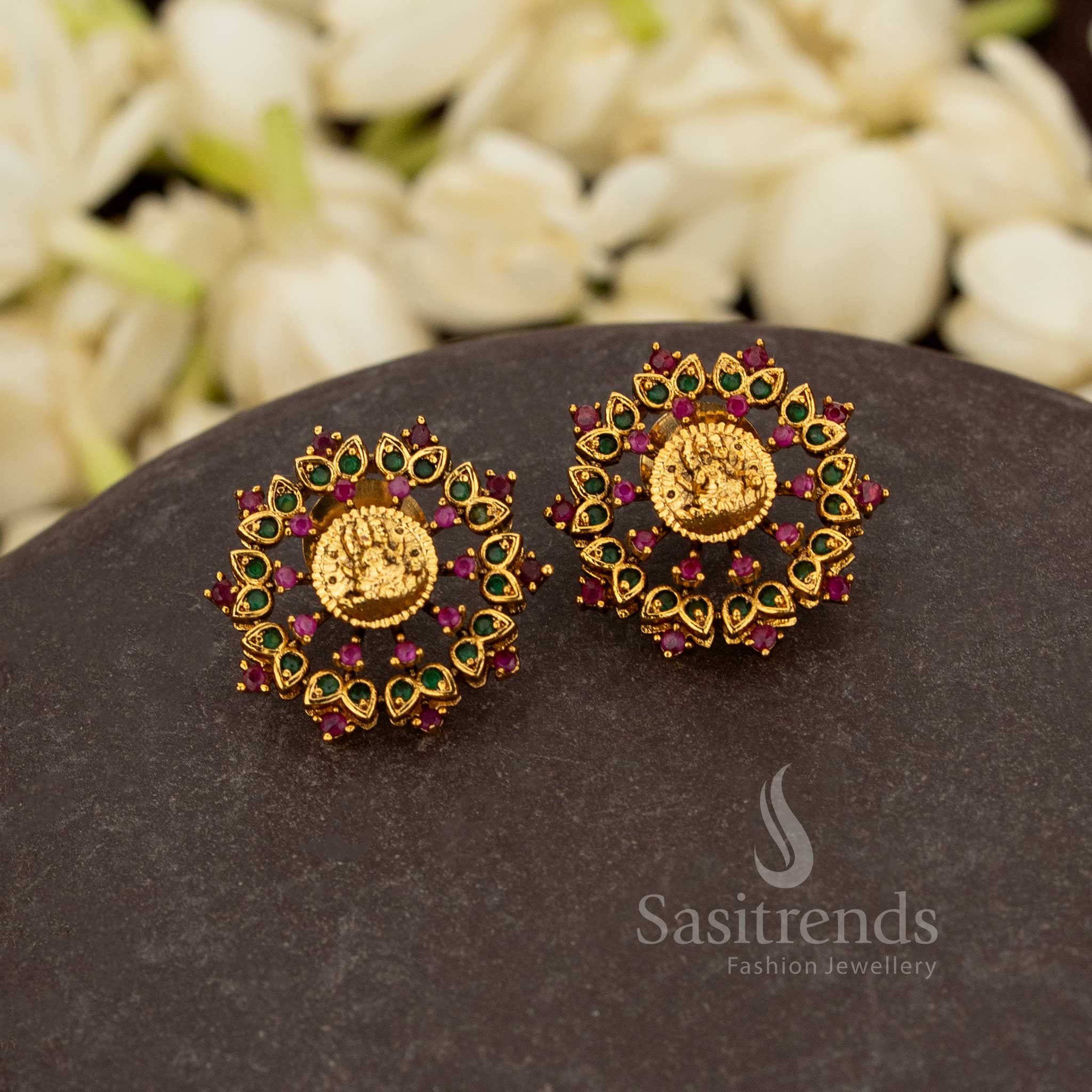 Divine Lakshmi lotus stud earrings with matte gold plated finish for weddings – Sasitrends