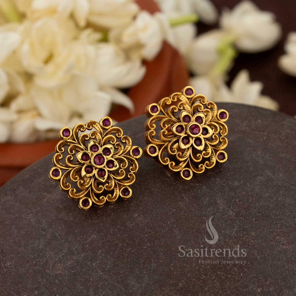 Sasitrends exquisite matte gold plated floral mandala stud earrings with gemstone accents