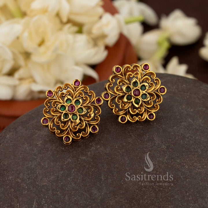 Sasitrends exquisite matte gold plated floral mandala stud earrings with gemstone accents