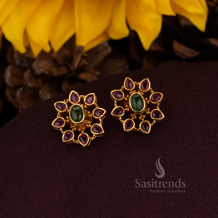 Traditional Floral Stud Earrings with Oval Stone and Petal Outline – Sasitrends