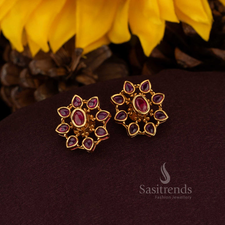 Traditional Floral Stud Earrings with Oval Stone and Petal Outline – Sasitrends