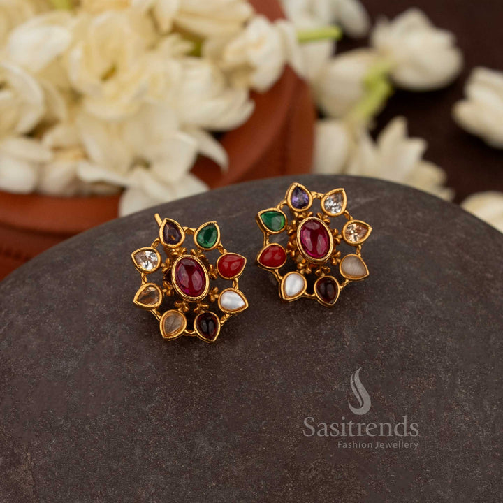Matte Gold Plated Floral Stud Earrings with Oval Stone Cluster and Petal Outline