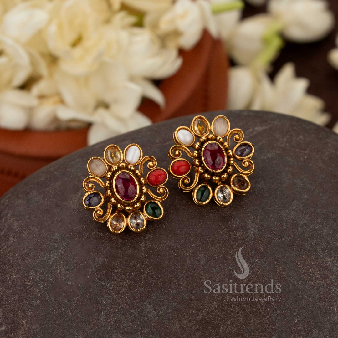 Luxury Stud Earrings with Oval Stone Cluster and Spiral Floral Design – Sasitrends