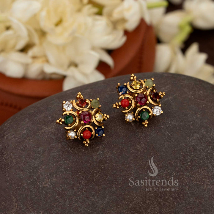 Matte Gold Plated Half Moon Cluster Stud Earrings with Round Stone Accents