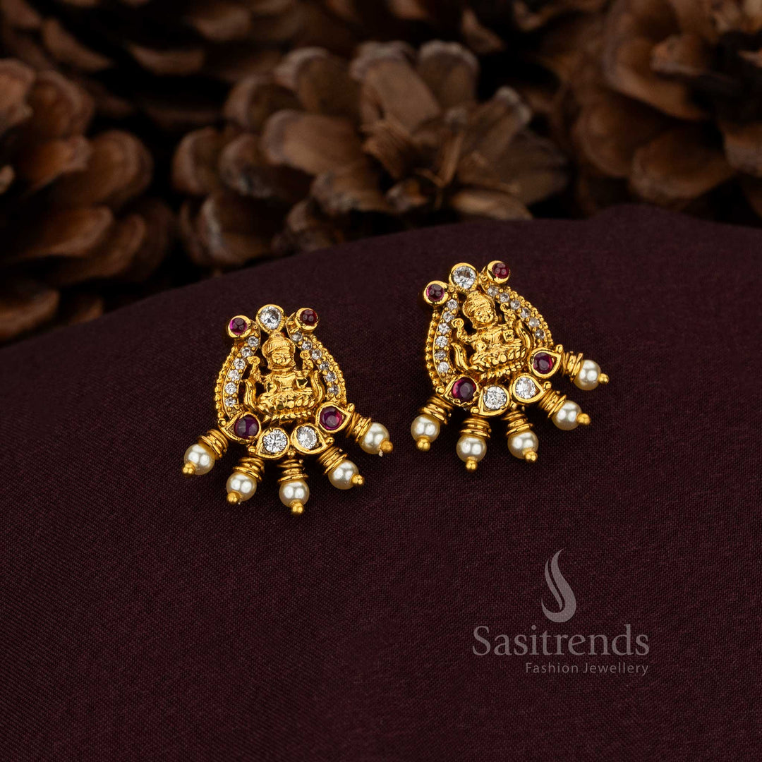 Sasitrends Goddess Lakshmi AD stud earrings with pearl drops in temple style